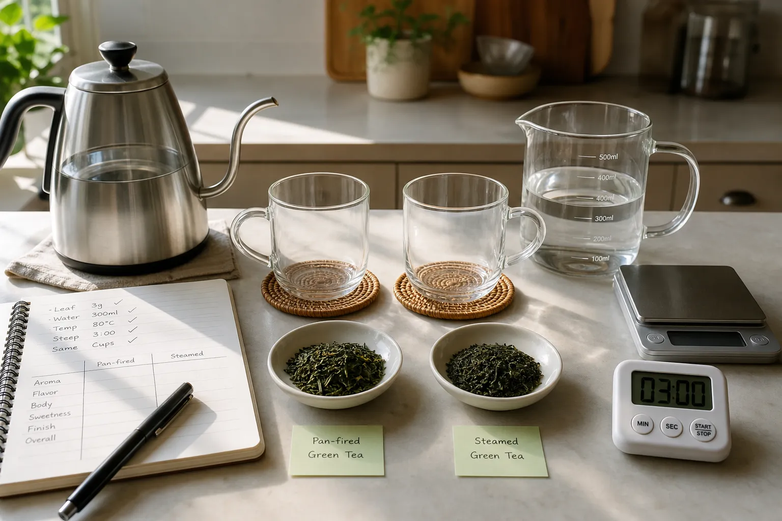 Side-by-side green tea tasting setup using the same cup, leaf amount, water, and steep time