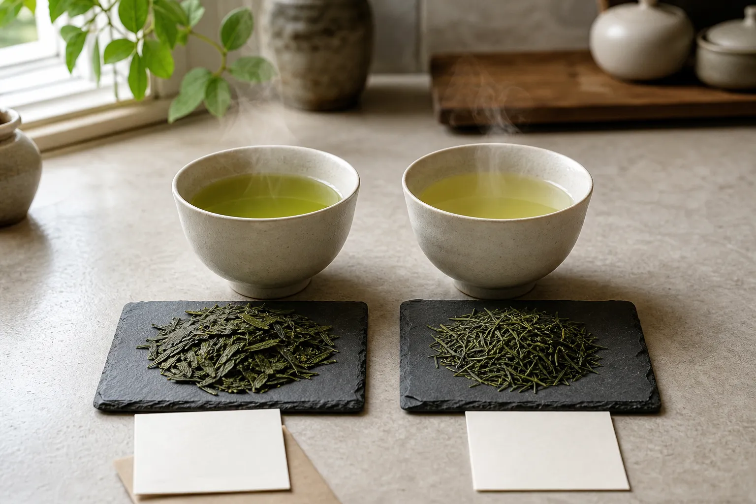 Two green tea cups compared beside dry leaves to judge pan-fired and steamed taste expectations