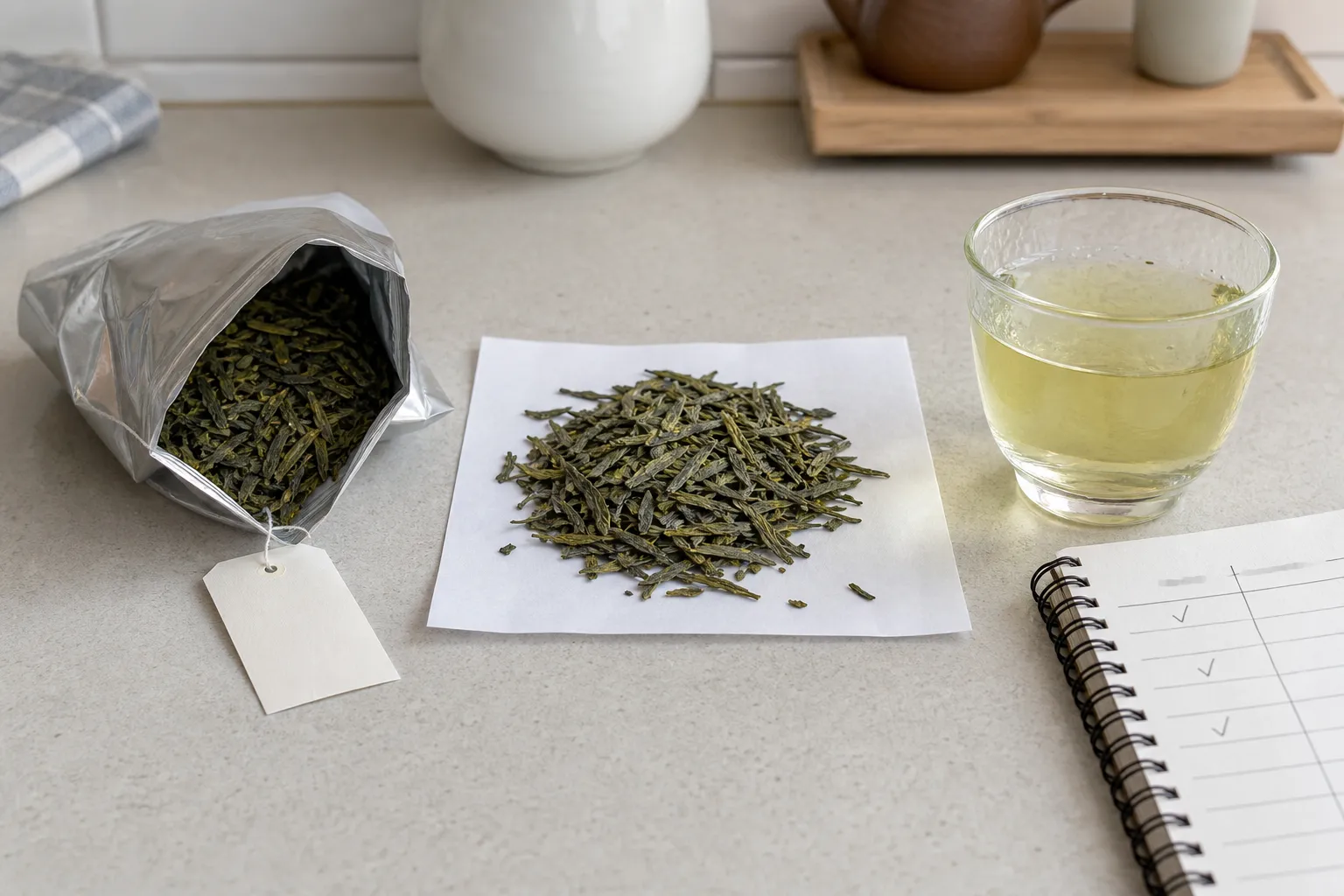 Loose Chinese green tea leaves and a simple buying note comparing label, leaf, and cup