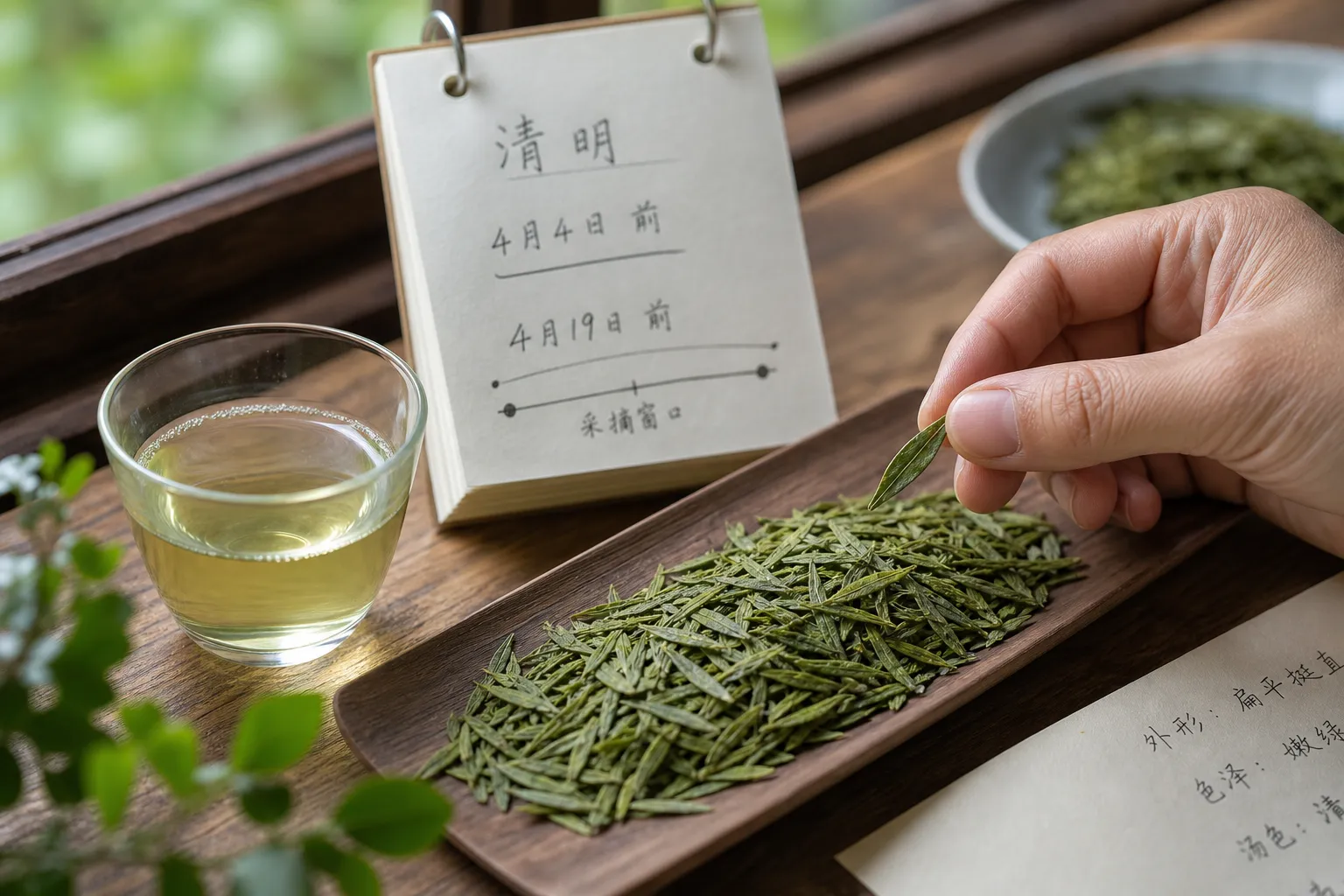 Early spring Chinese green tea leaves beside a Qingming timing note