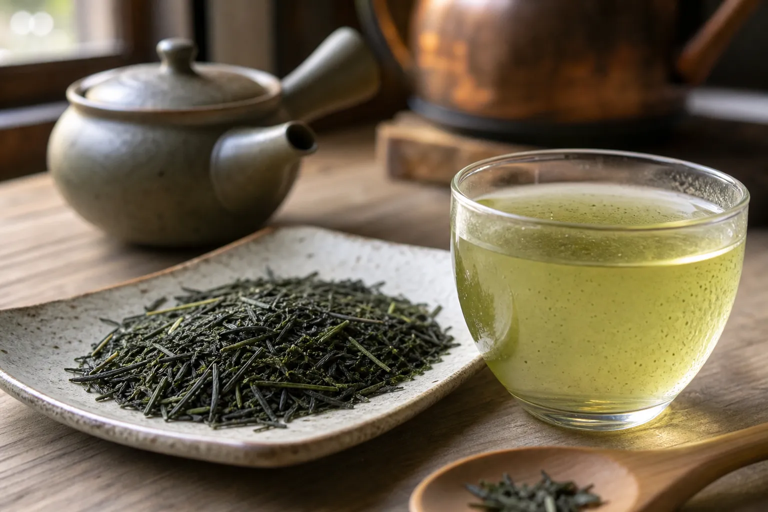 Dry sencha leaves beside brewed green liquor showing leaf shape, color, and fine particles