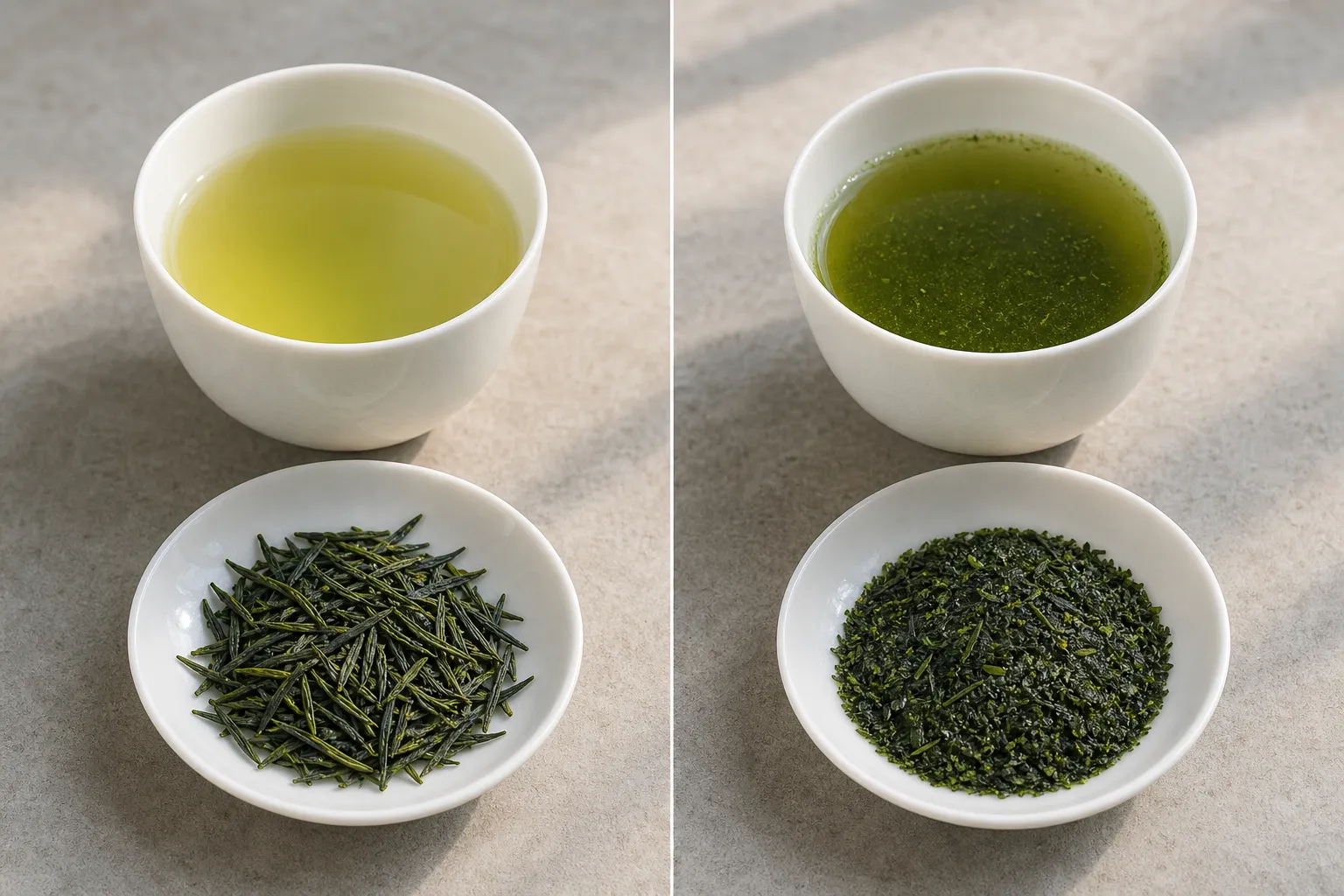 Light steamed and deep steamed sencha compared through leaf pieces and green liquor clarity