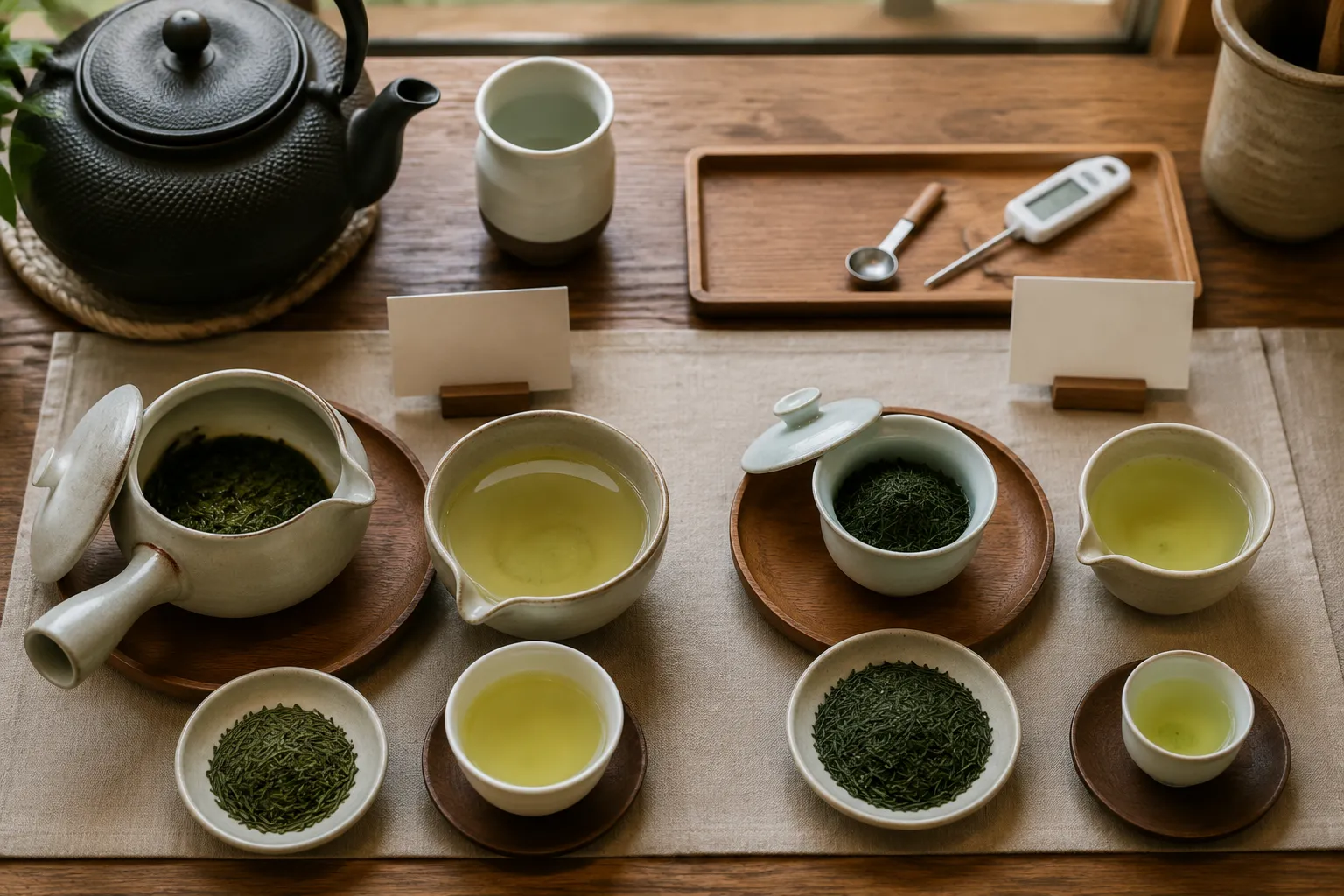 Sencha and gyokuro brewing setup showing different leaf amounts and cup volumes
