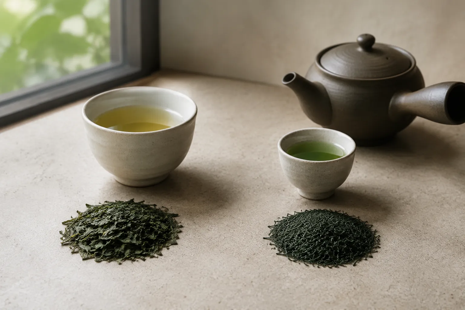 Dry sencha and gyokuro leaves beside two different cup sizes for comparison
