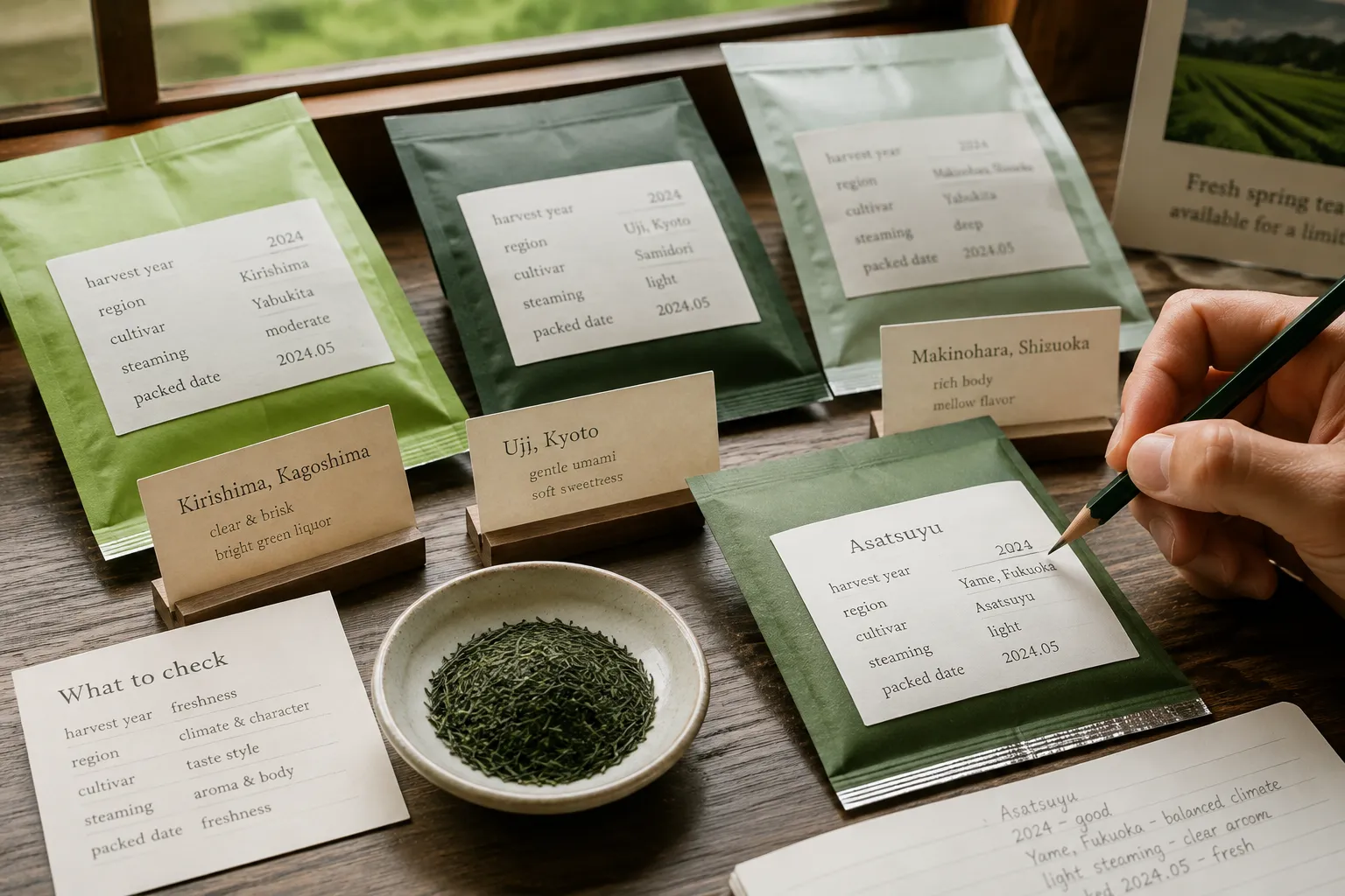 Japanese green tea packets with seasonal label cues such as harvest year, region, and first harvest language