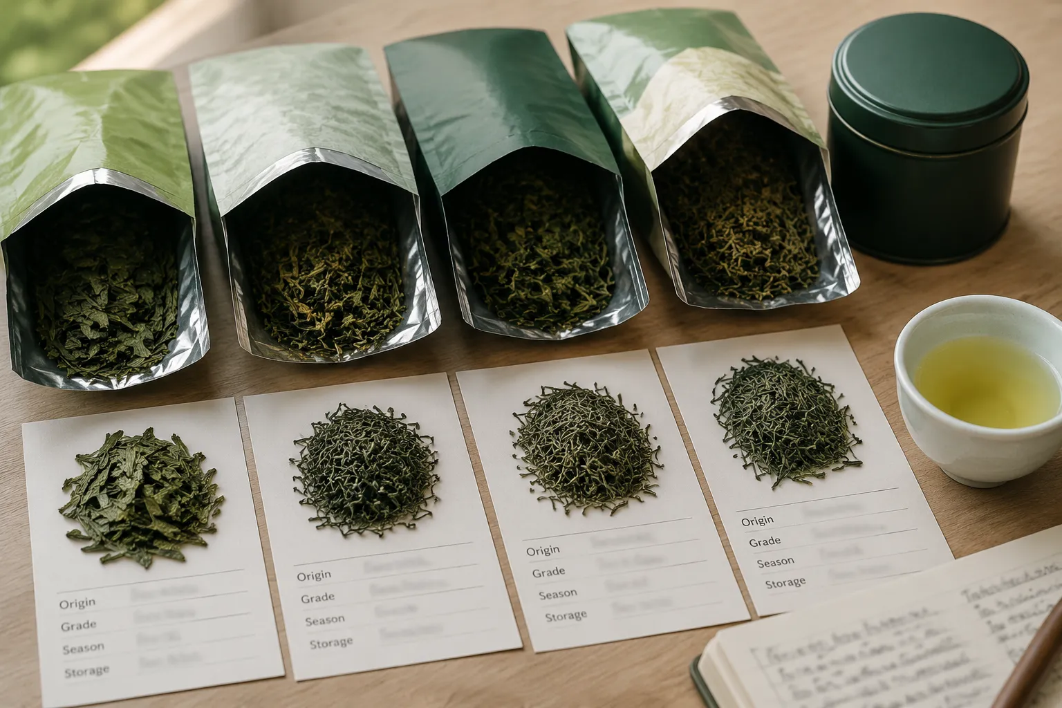 Green tea packages with origin, grade, and storage cues being compared beside dry leaves