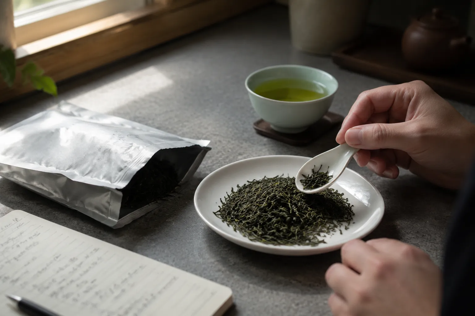 Loose green tea leaves, packaging, and a brewed cup arranged for a buyer quality check