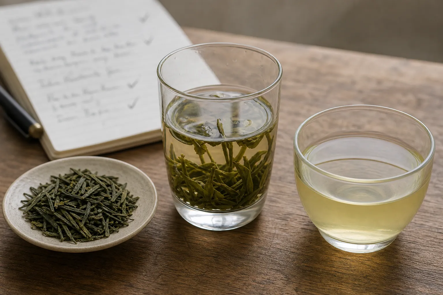 Dry green tea leaves, a warmed cup, and pale tea liquor arranged for observing shape, color, and taste