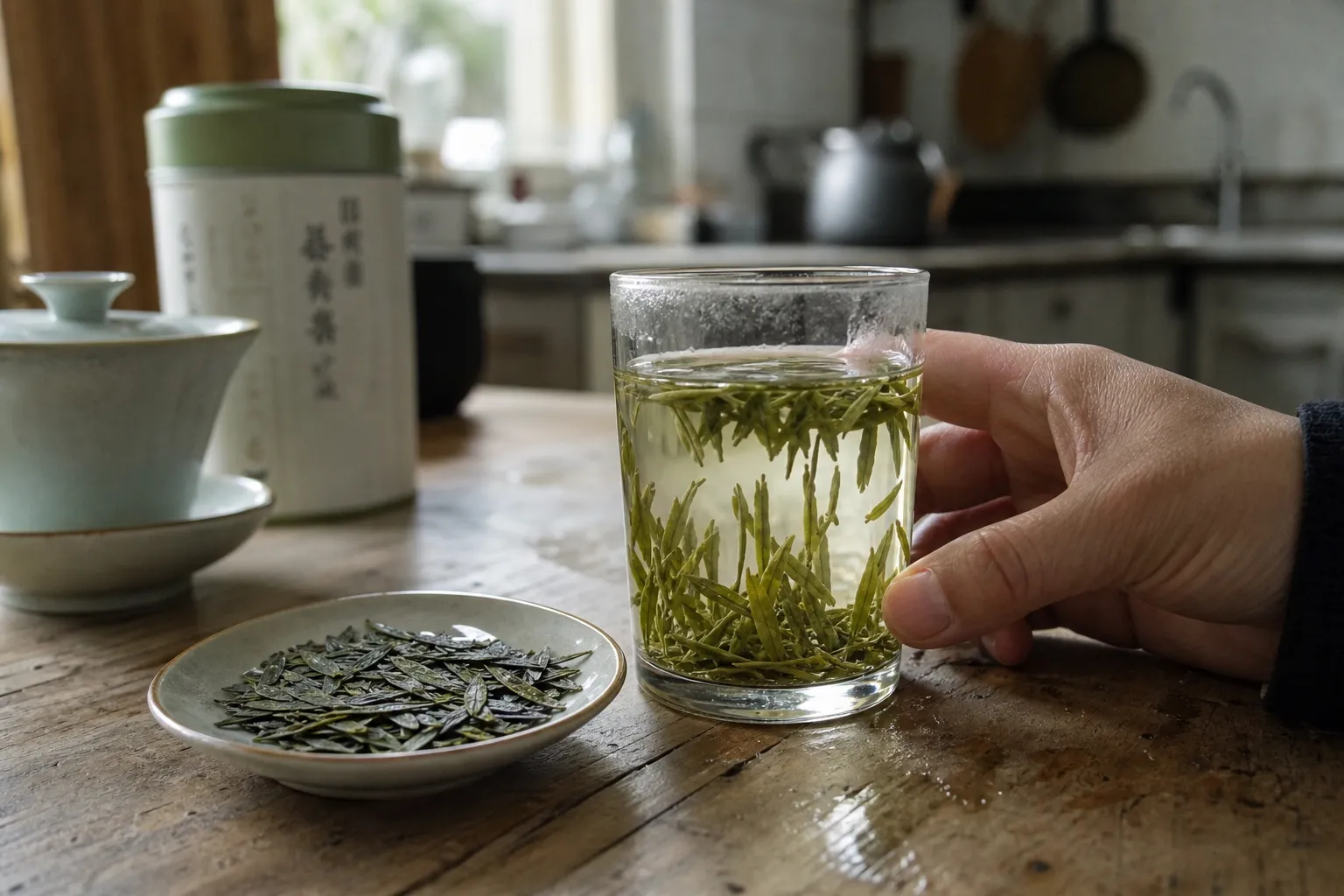 Loose Chinese green tea leaves opening in a clear cup beside a pale green infusion