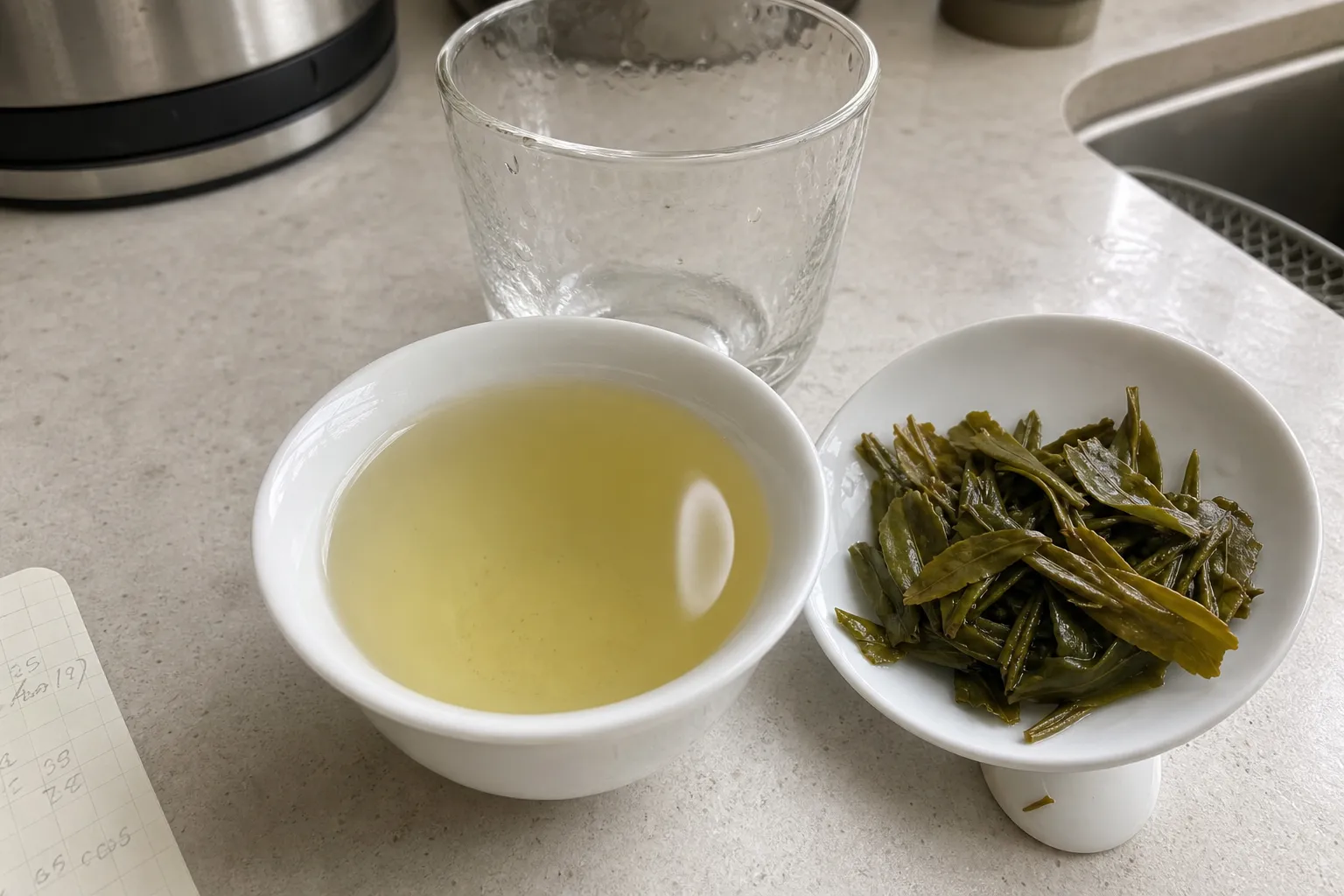 A clear white tasting cup used to judge Longjing tea clarity beside wet leaves