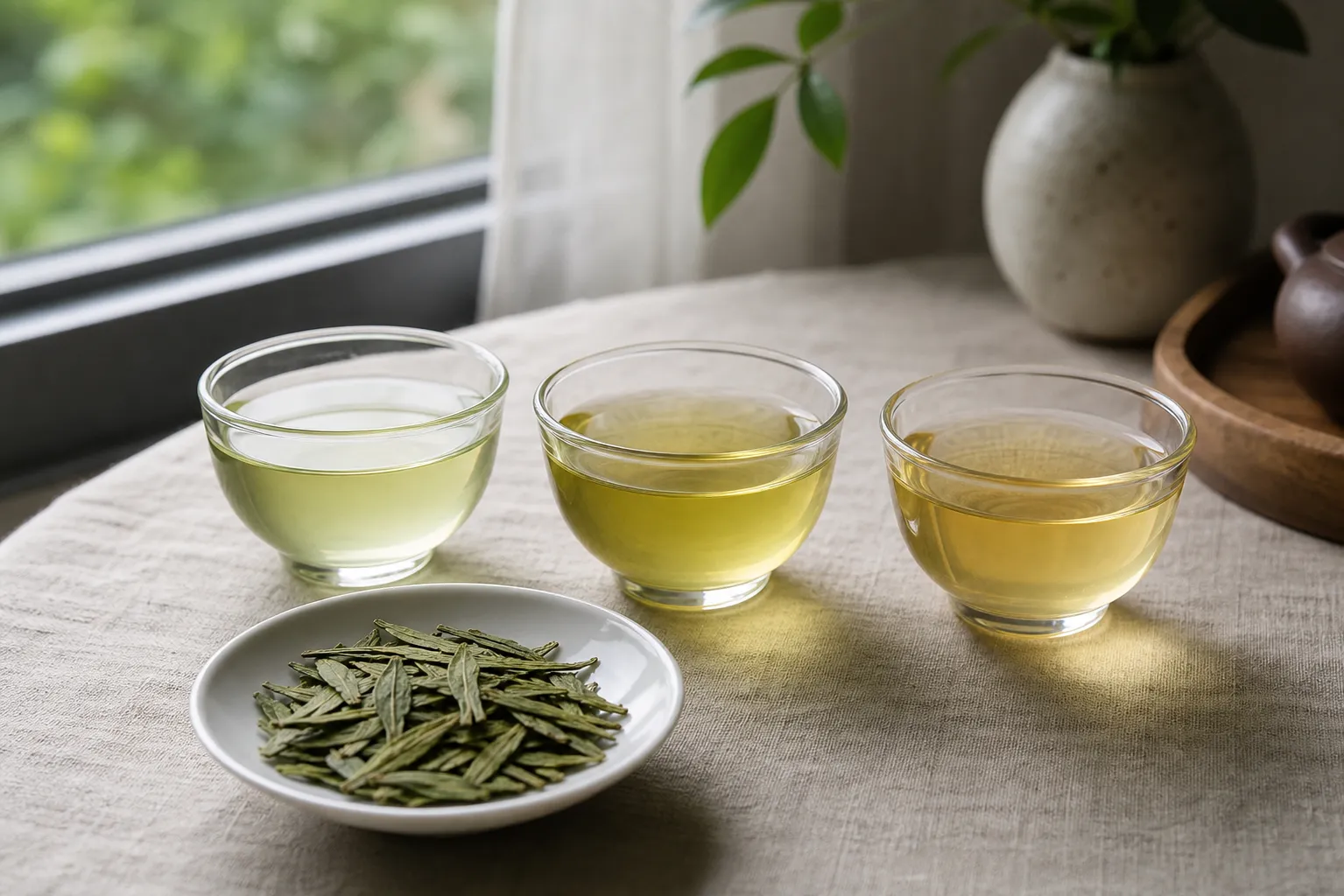 Clear cups showing pale green, yellow-green, and straw-gold brewed Longjing tea