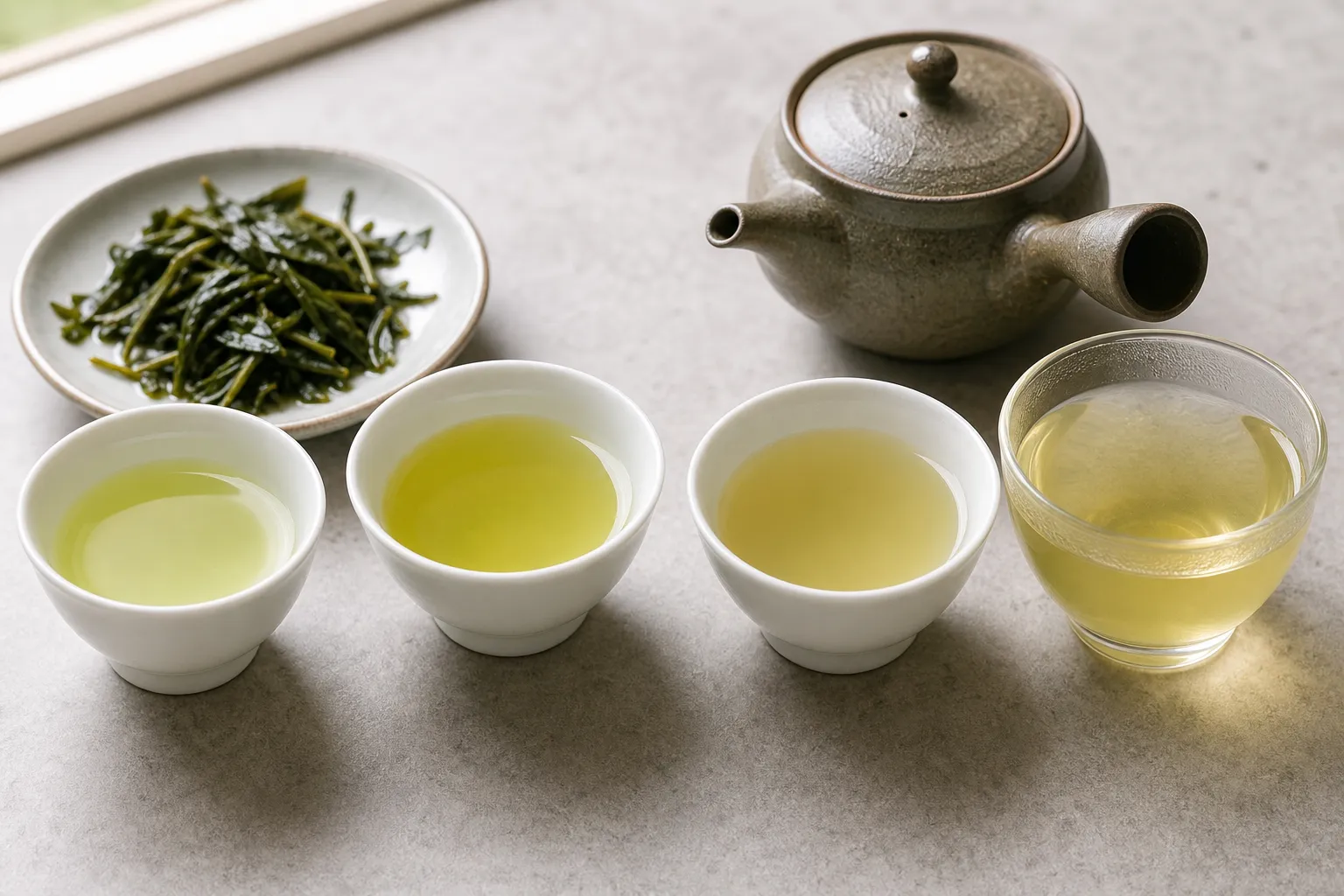 Brewed sencha showing pale green, yellow-green, and soft golden-green liquor in light cups