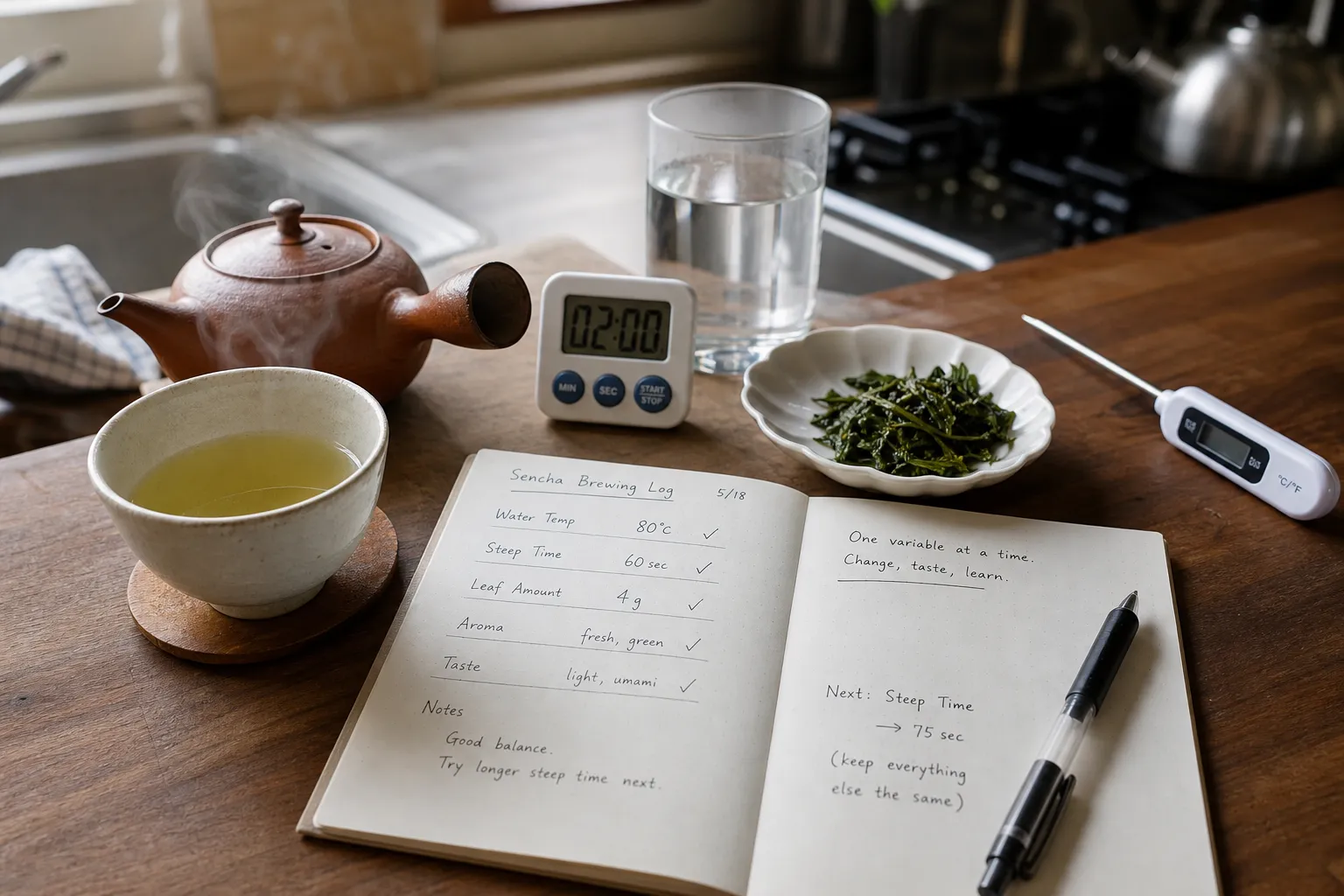 A light cup of brewed sencha beside notes for water temperature, steep time, and taste