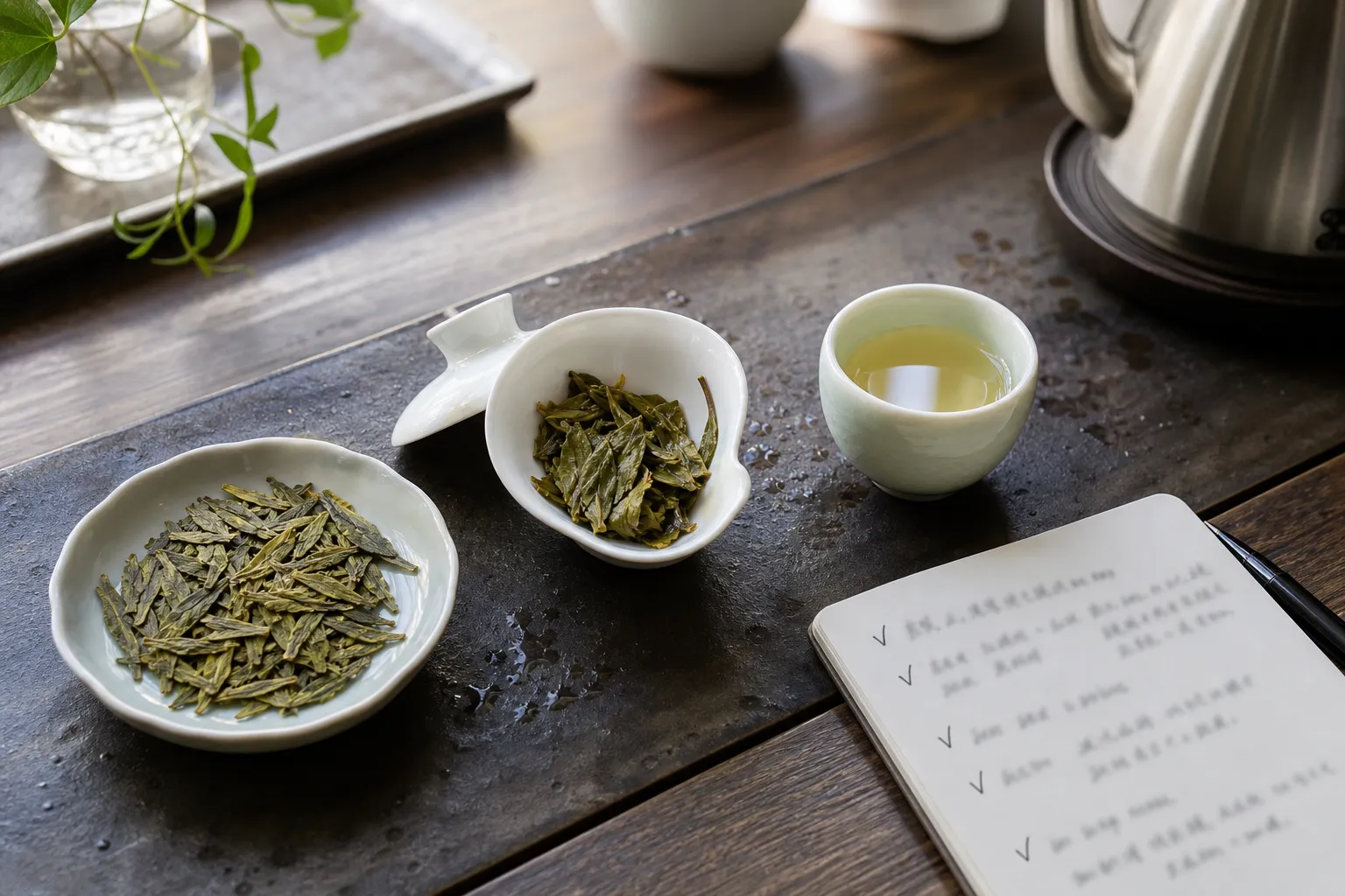 A Longjing tasting sequence with dry leaves, wet leaves, and a pale cup for checking aroma, body, bitterness, and finish