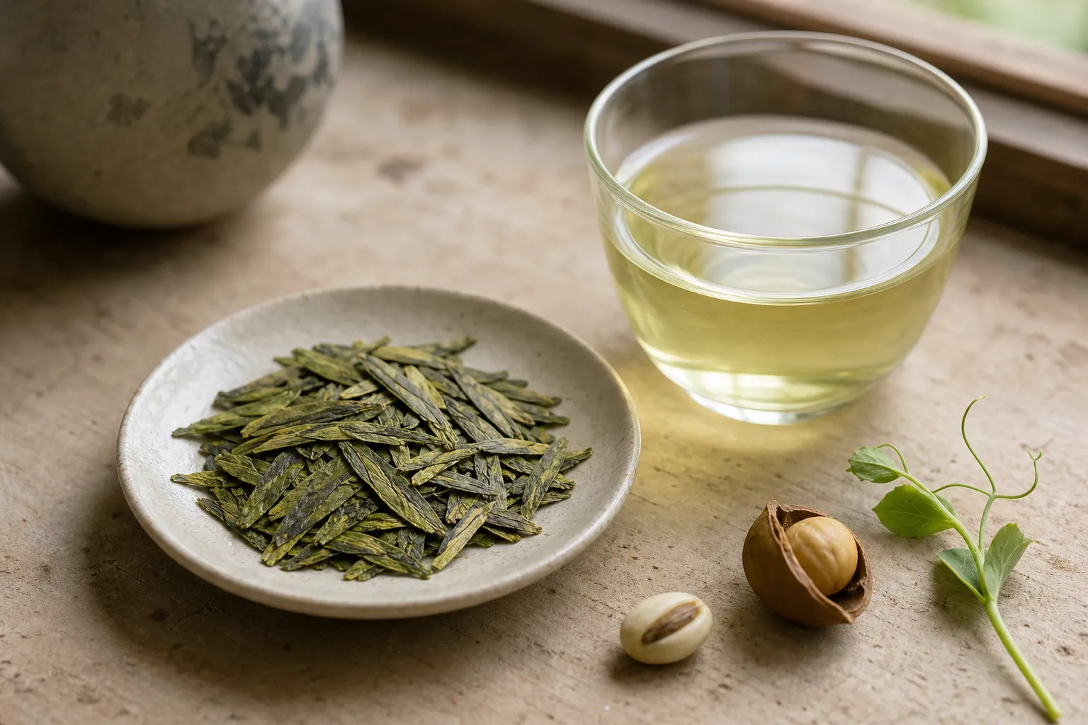 Flat Longjing leaves beside pale green tea showing the gentle nutty and vegetal taste frame