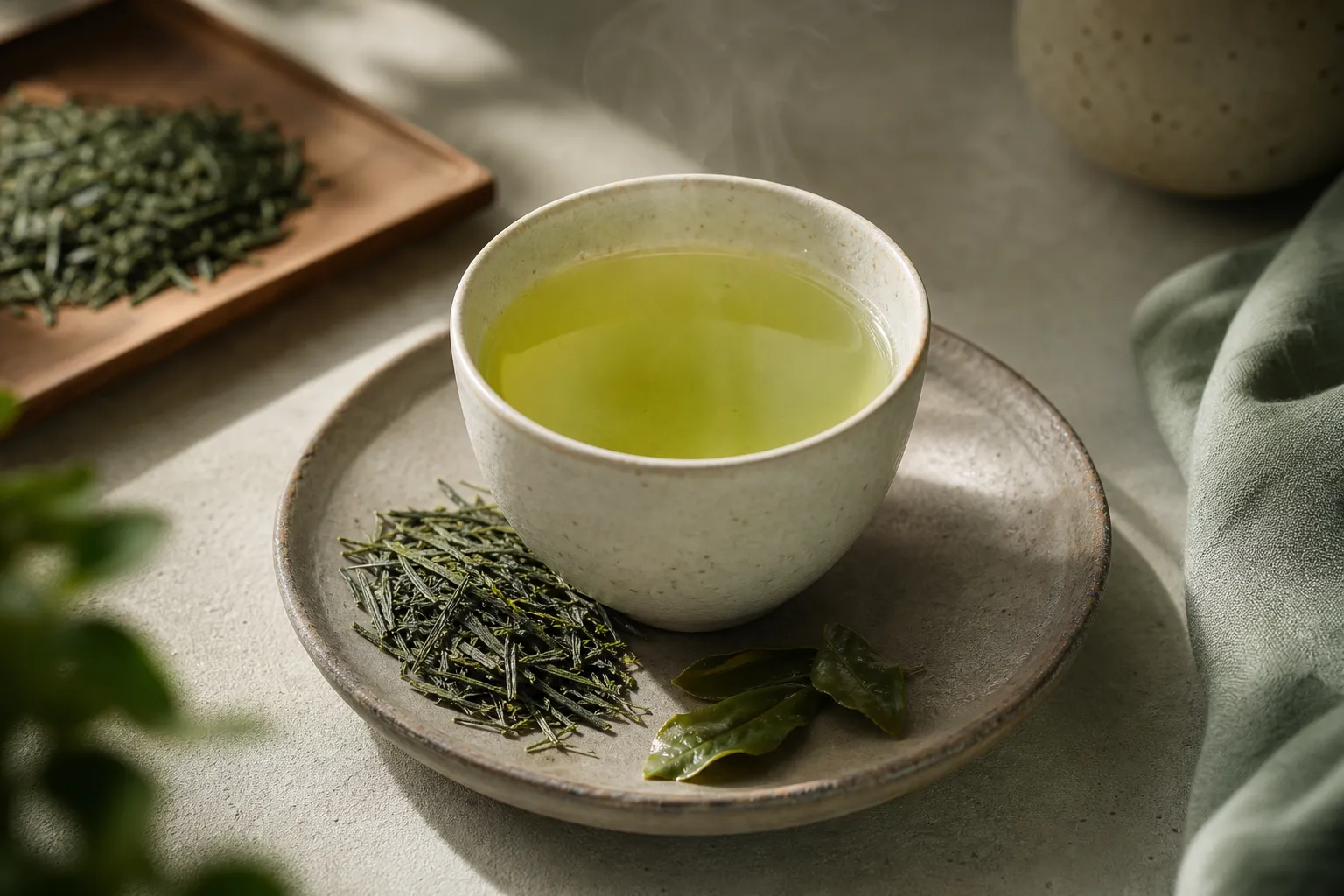 A warm cup of sencha beside green leaves showing the fresh vegetal character of the tea