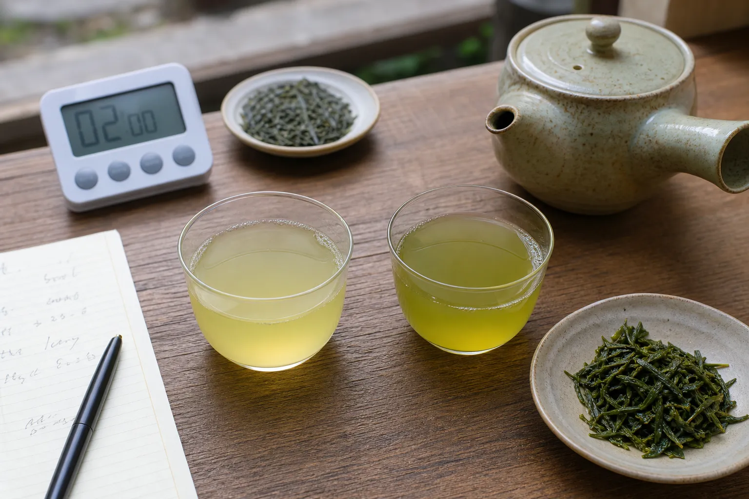 Two small sencha infusions comparing a shorter steep with a slightly longer steep