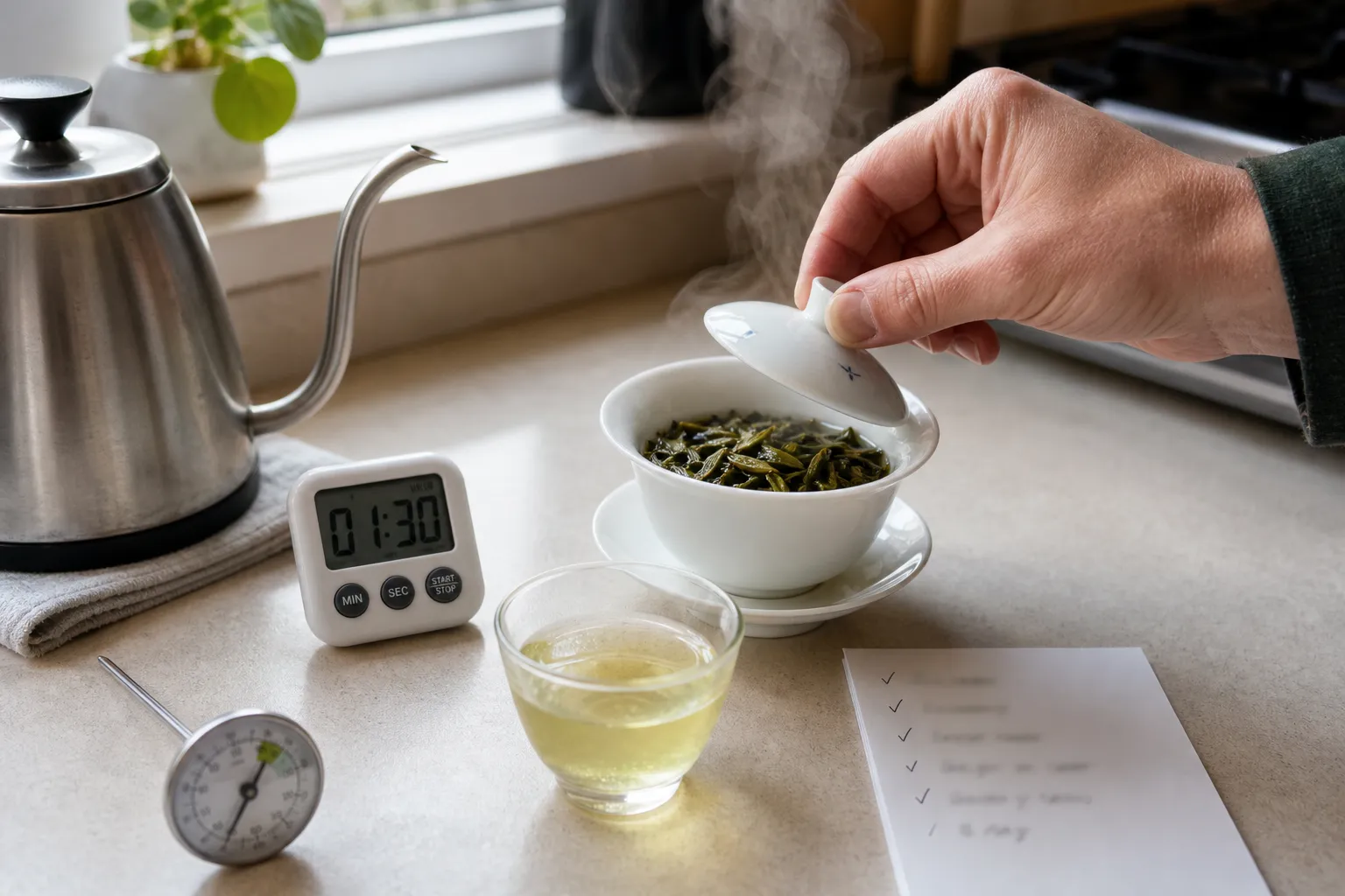 Green tea cup being checked for aroma, liquor texture, and bitterness after a short steep