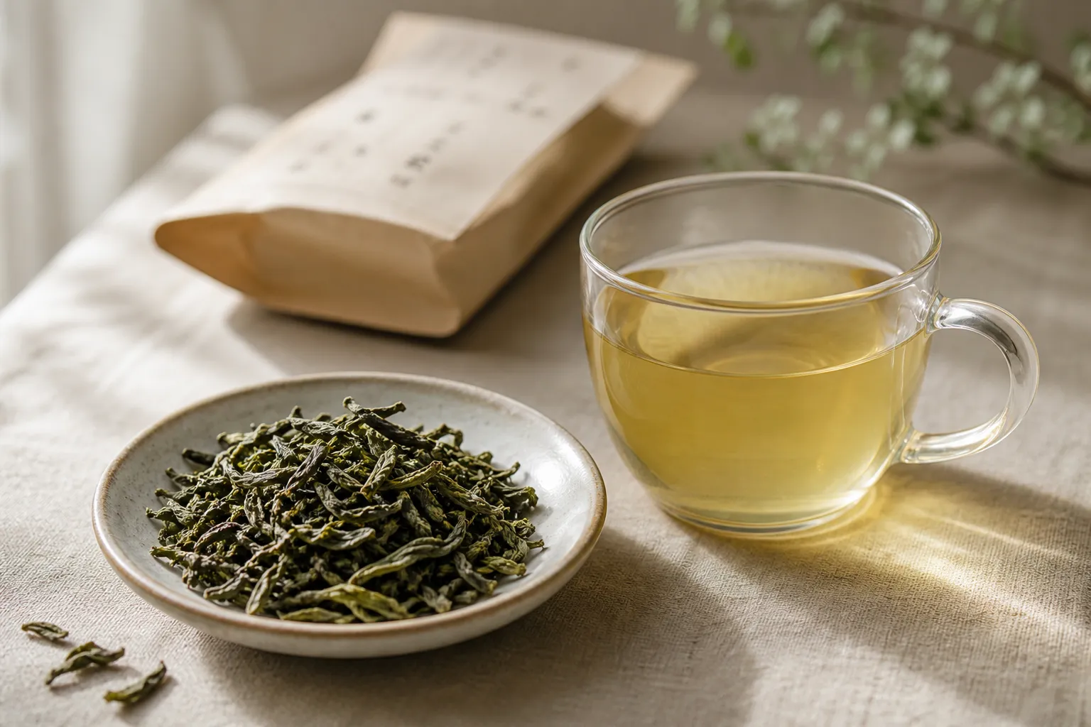 Dry green tea leaves with a warm pan-fired character beside a pale brewed cup