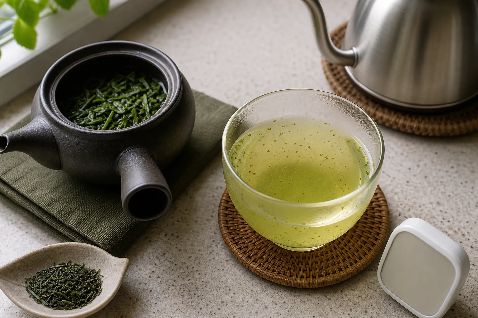 Steamed green tea leaves steeping beside a cup used to check color aroma and bitterness