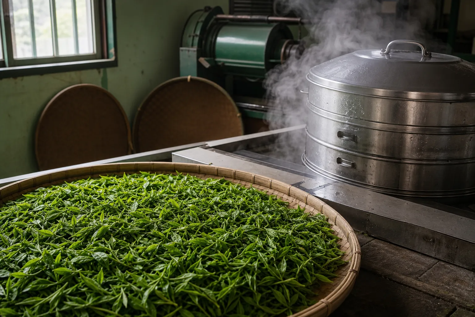 Fresh green tea leaves being steam fixed before shaping and drying