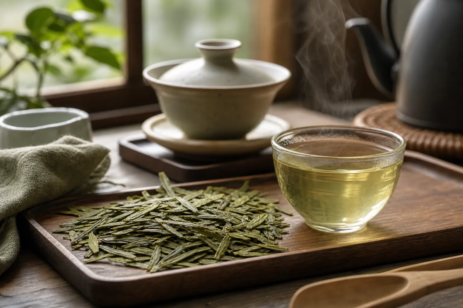 Flat Longjing leaves beside a clear brewed cup for reading tradition through visible tea cues