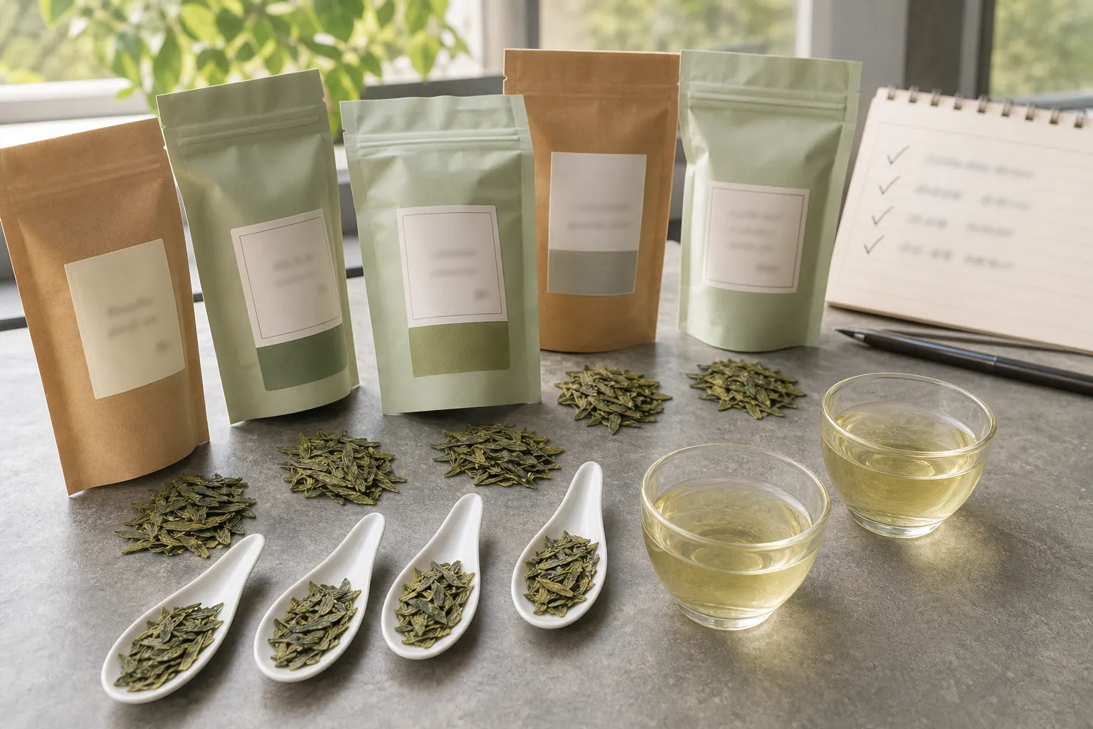 Longjing tea labels and leaves arranged to compare origin language with observable tea details