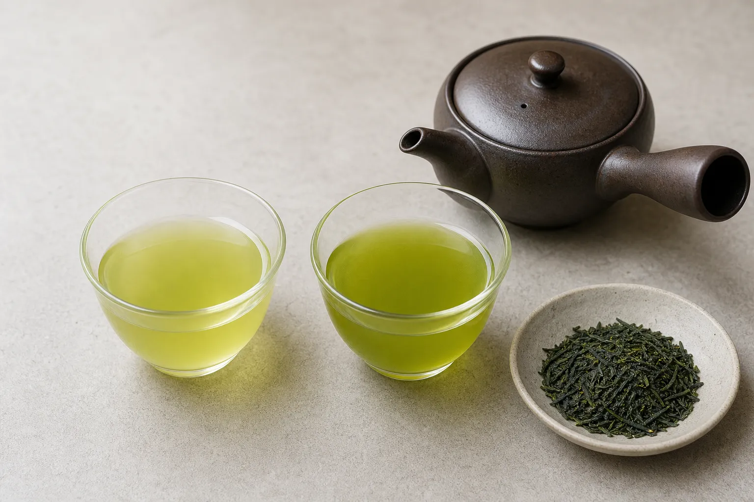 Two small sencha infusions used to compare gentler and stronger brewing extraction
