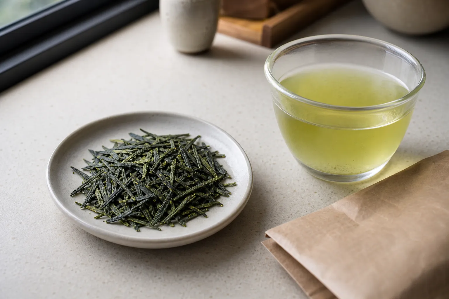Sencha leaves beside a brewed cup for checking what a steamed green tea label can and cannot explain