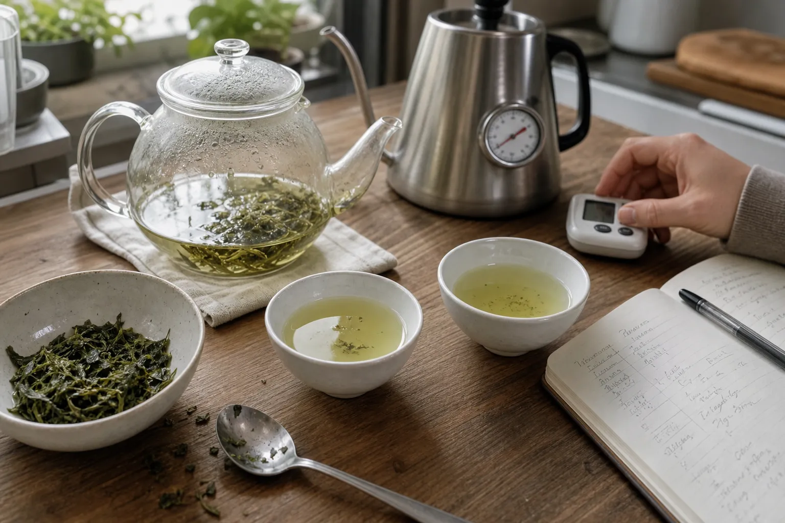 A gentle green tea brewing test comparing leaf, water, steep time, and first-sip taste
