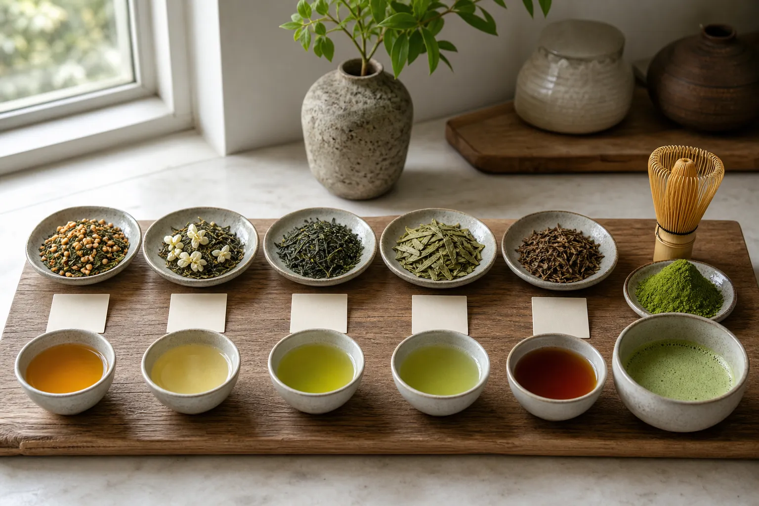 Genmaicha, jasmine green tea, sencha, Longjing, hojicha, and matcha shown as first-cup options for new green tea drinkers