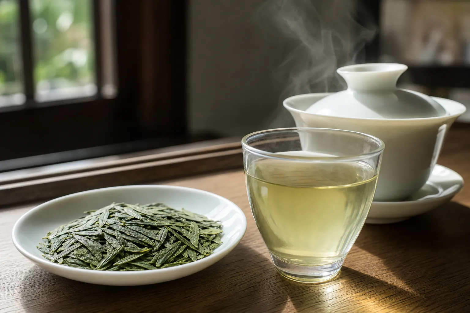 Flat Chinese green tea leaves beside a pale green brewed cup showing freshness cues