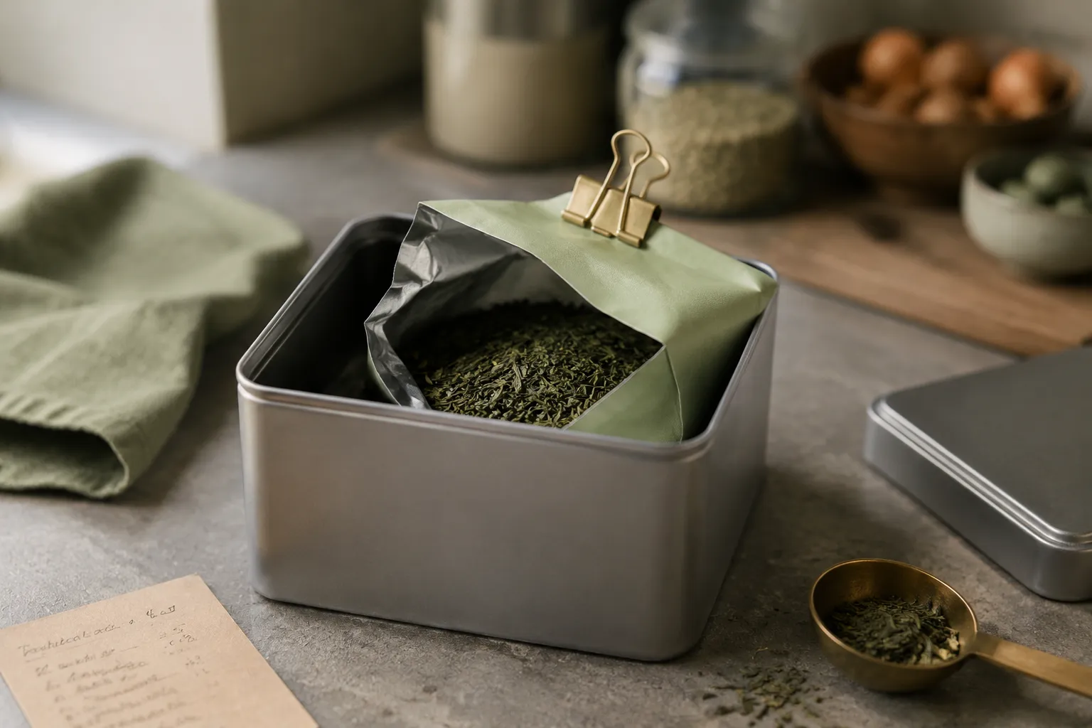 Opened green tea pouch protected inside a tin away from light and kitchen odors