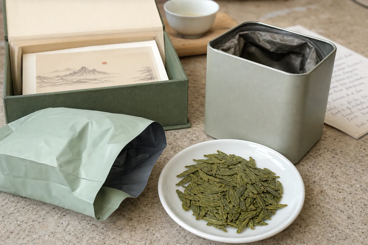 Longjing tea gift packaging opened to show leaf condition and storage cues rather than relying on label claims