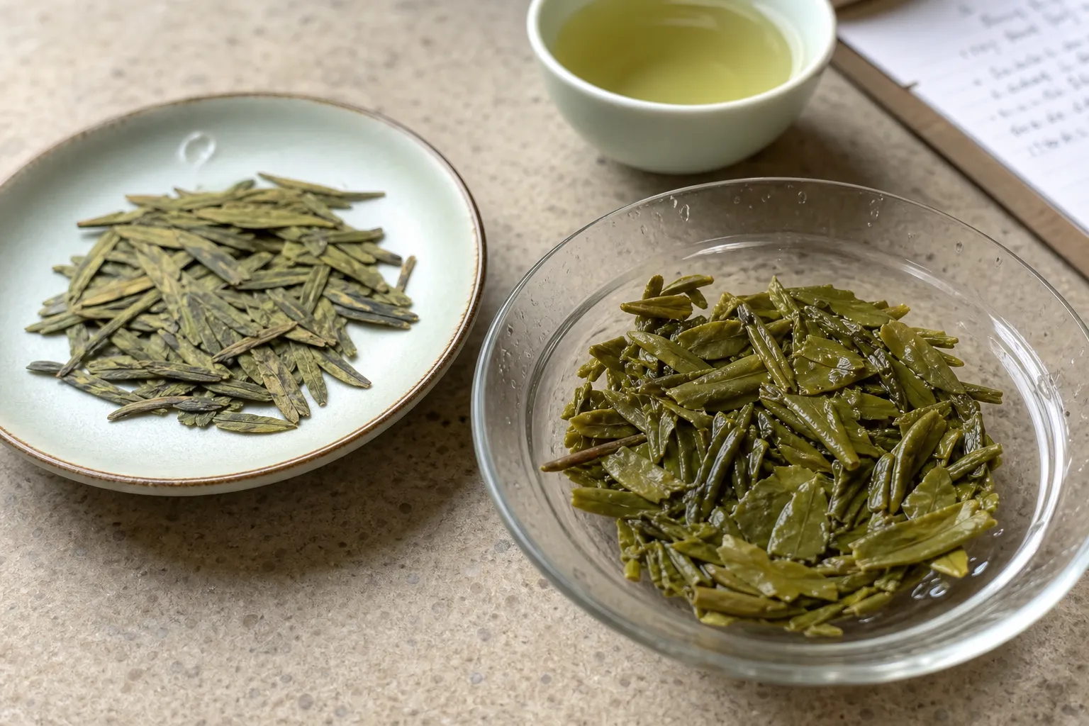 Dry flat Longjing leaves compared with wet infused leaves to show how brewing reveals shape and breakage