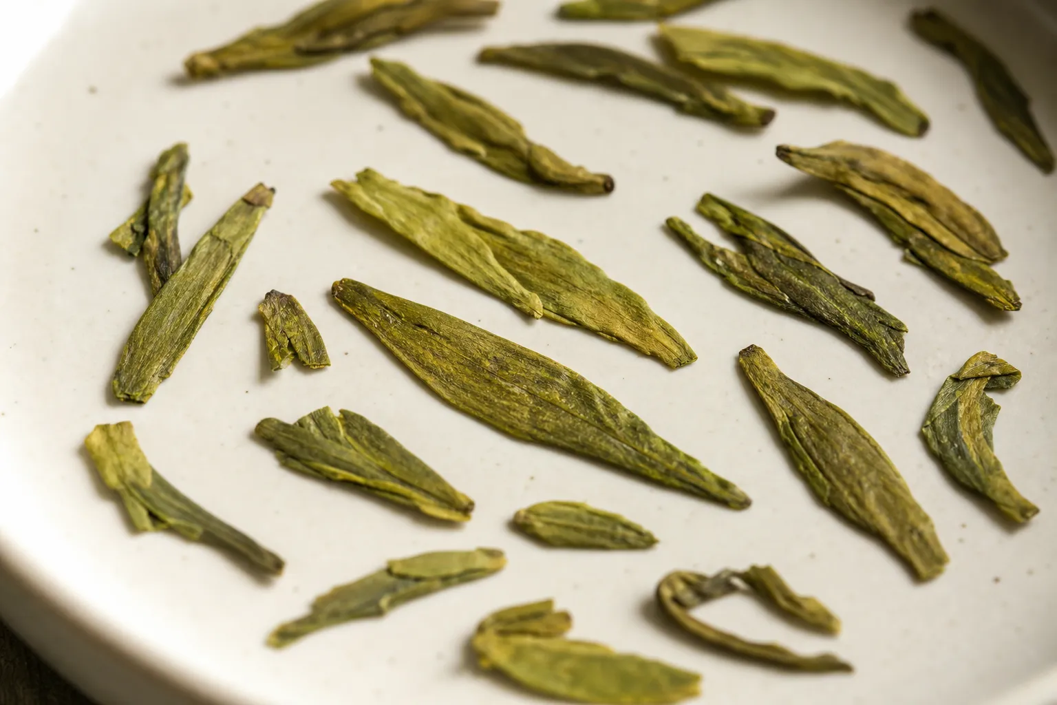 Flat Longjing Dragon Well dry leaves showing pressed-looking pieces as a visual cue, not a quality certificate