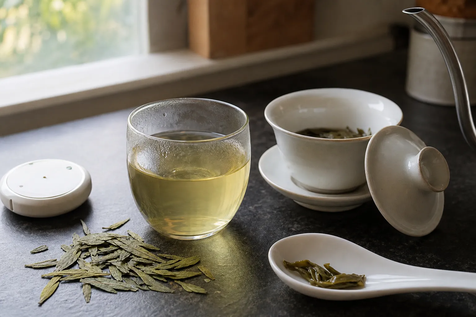 A Longjing cup and flat leaves arranged for checking bitterness, aroma, and leaf condition