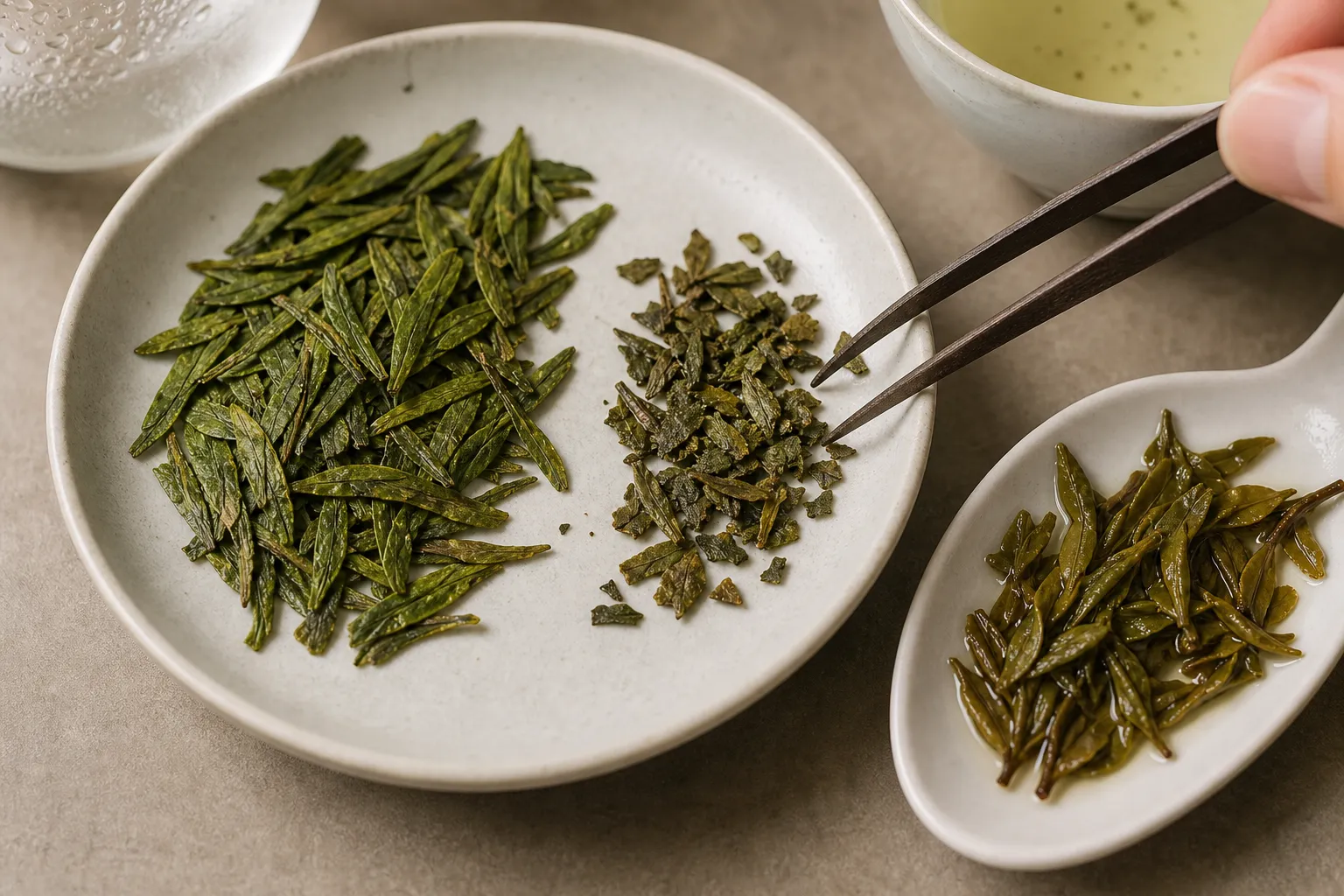 Dry and wet Longjing leaves checked for broken pieces, dull color, and rough brewing clues