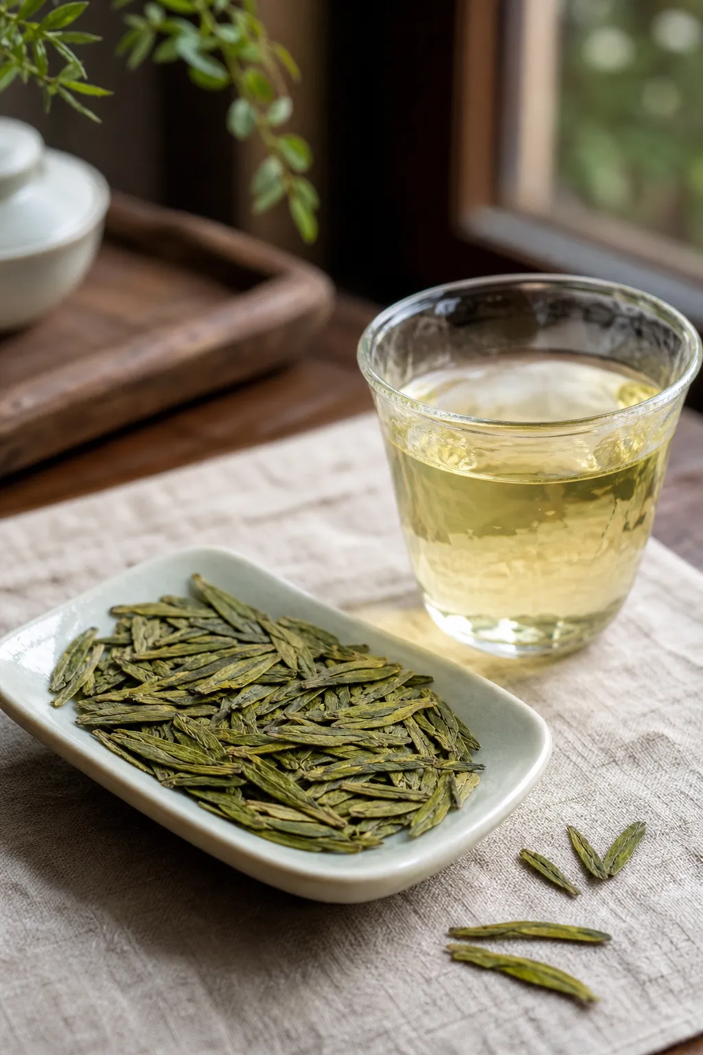 Longjing leaves and a pale brewed cup showing the balance of green aroma and warm chestnut-like notes