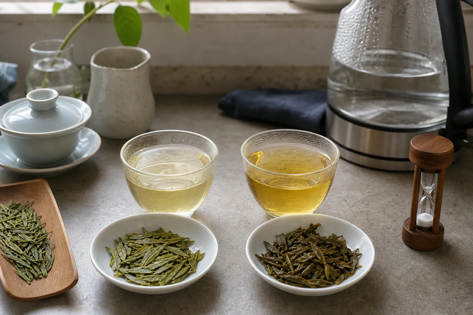 Two small Longjing tea cups prepared with different steeping conditions to compare roasted aroma and bitterness