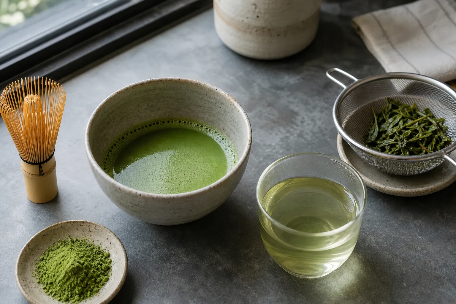 A cloudy bowl of matcha beside a clearer cup of loose leaf green tea infusion