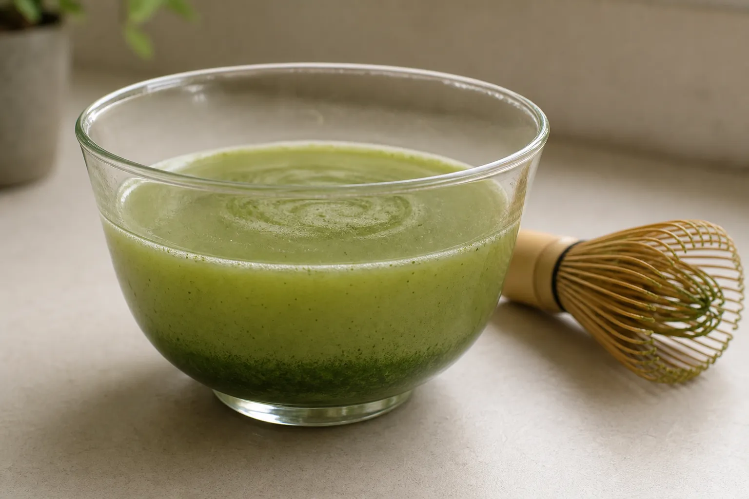 Matcha settling in a bowl with darker powder concentration near the bottom