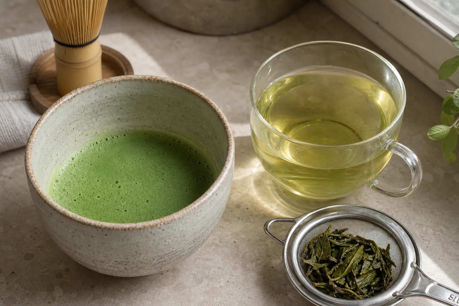 A bowl of whisked matcha beside steeped loose leaf green tea showing foam, opacity, and clear infusion differences