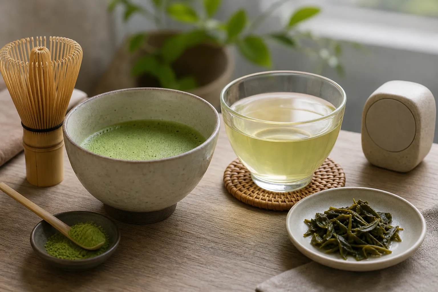 A light matcha and a light loose leaf green tea prepared side by side for comparing body and bitterness