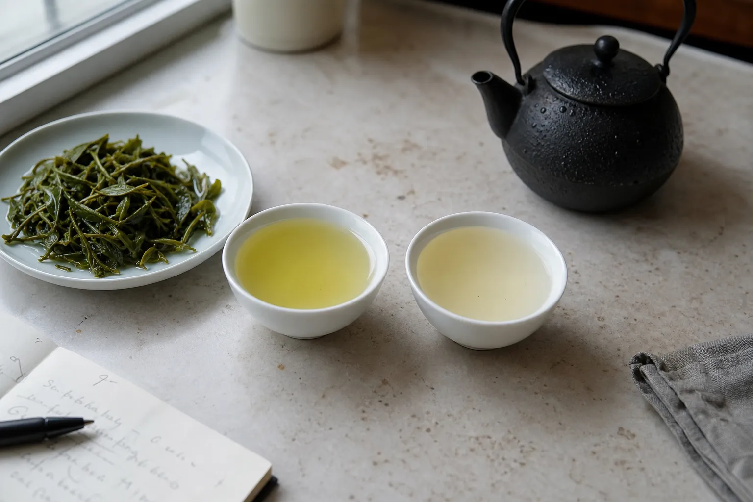 Two infusions of pan-fired green tea compared for clean toasted aroma, bitterness, and scorch