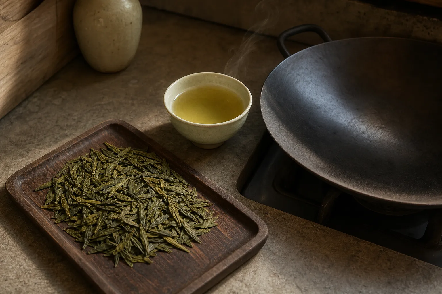 Pan-fired green tea leaves and pale green liquor showing the sensory link between dry heat and a nutty aroma