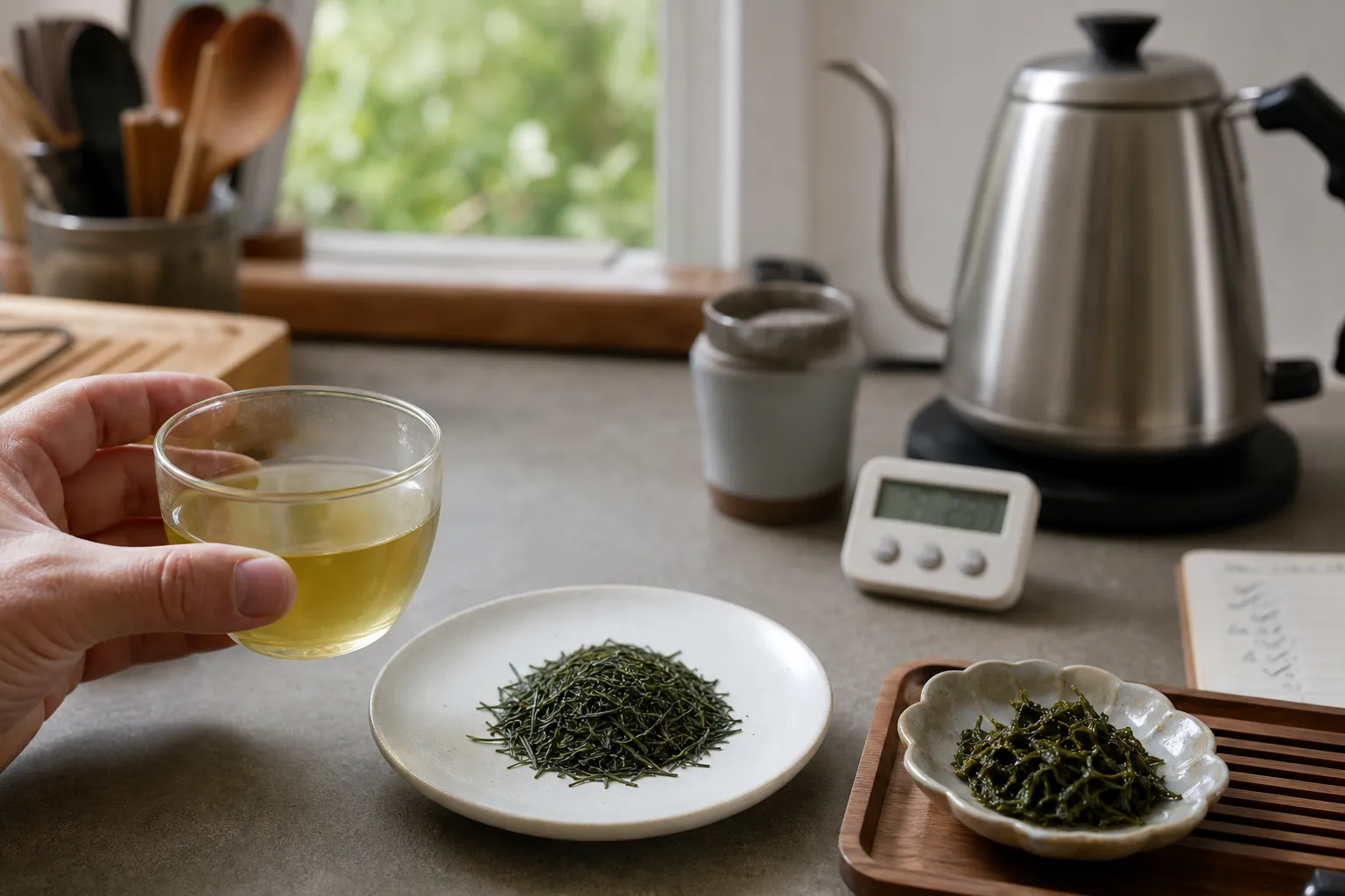 Sencha cup with dry leaves and brewed liquor used to check bitterness, concentration, and freshness