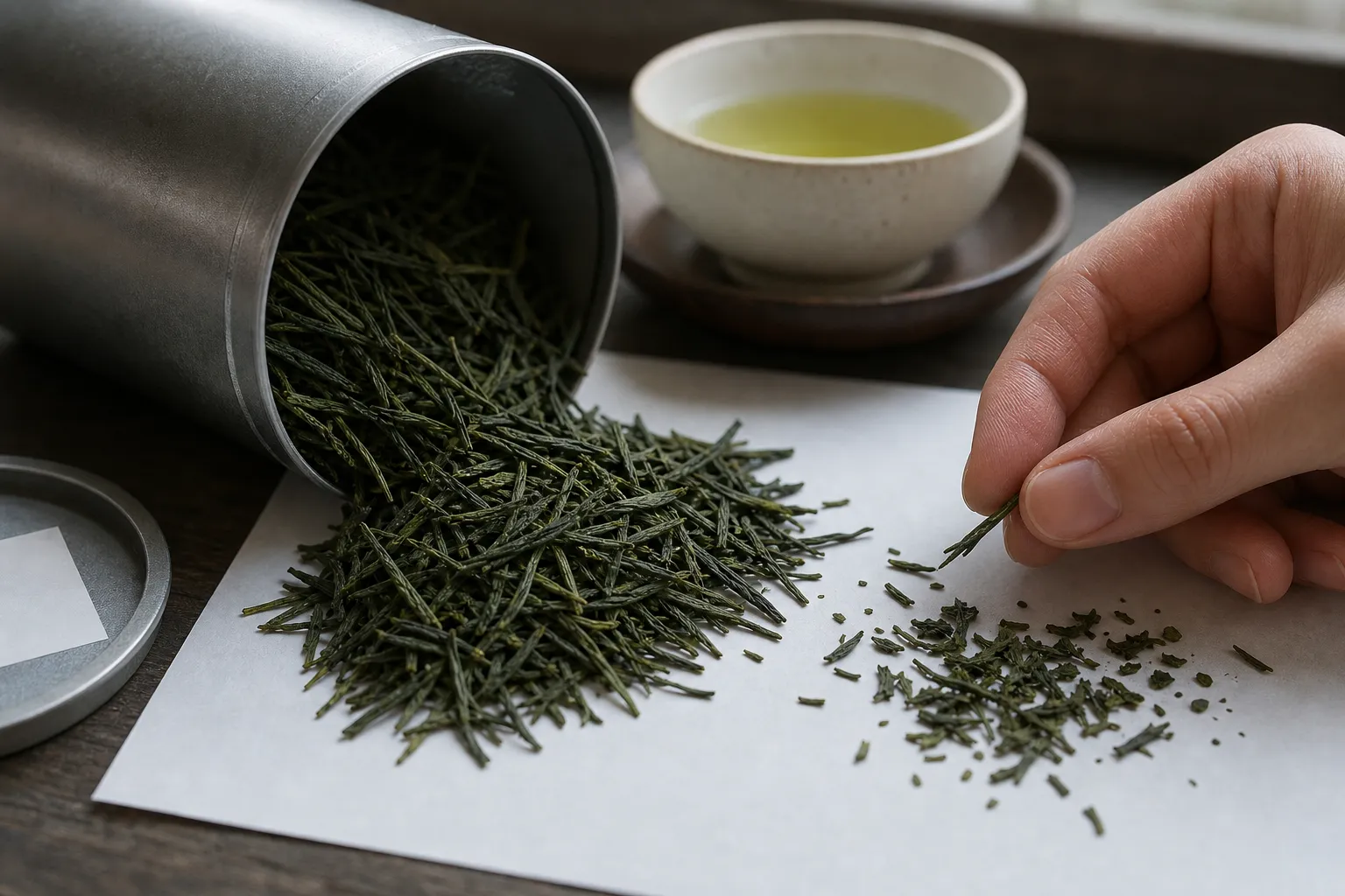 Dry sencha leaves being checked for muted aroma, broken pieces, and signs of tired storage