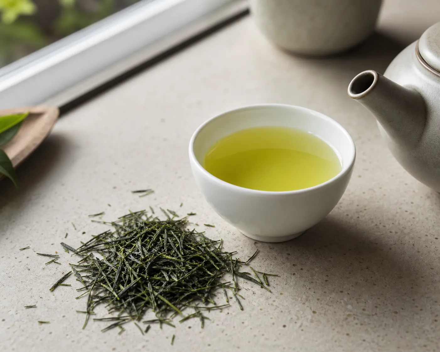 A pale yellow-green cup of sencha beside dry leaves for judging grassy aroma and liquor clarity