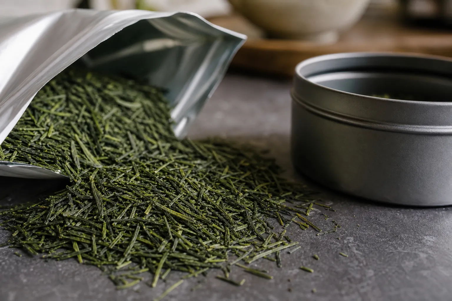 Dry sencha leaves near an airtight tin for checking freshness and storage before brewing